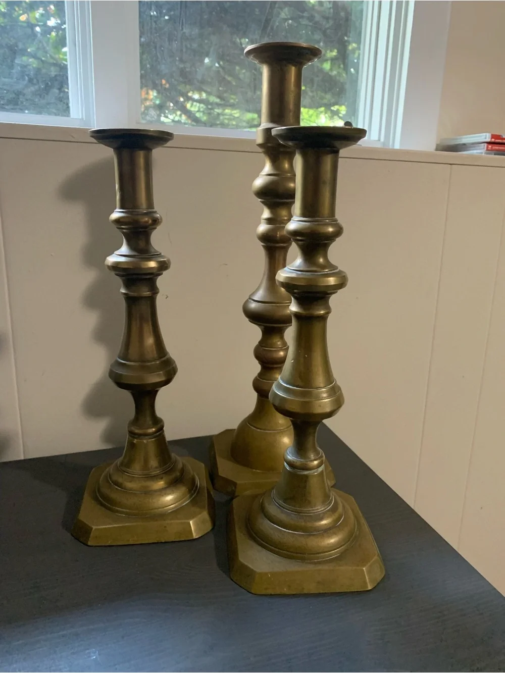 Source Unknown Antique Brass-Tone Turned Candle Holders Trio
